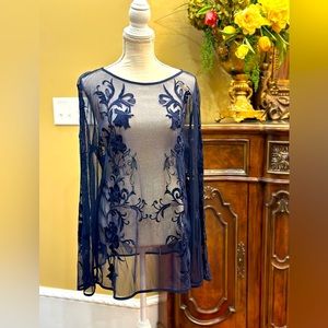White House Black Market navy sheer embroidery top XL
